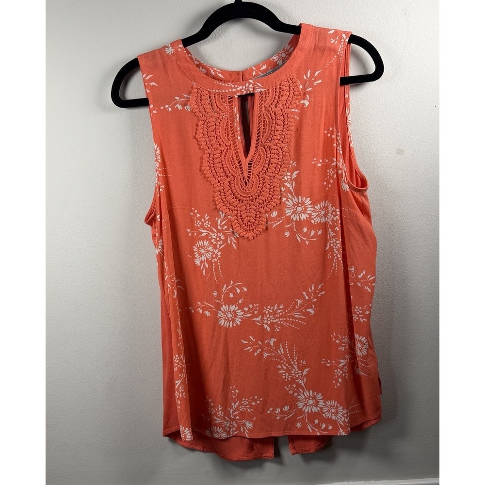 New Daniel Rainn Women Med Crochet Detail Sleeveless Floral Top Peach Bohochic